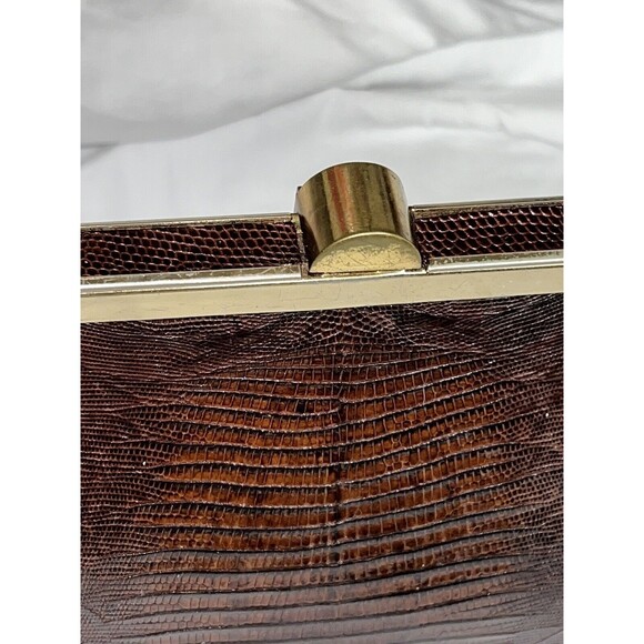 Vintage 50's Tegu Lizard Skin Kelly Hand Bag Mahogany Brushed Metal Clasp 14x9x4 - Picture 11 of 16